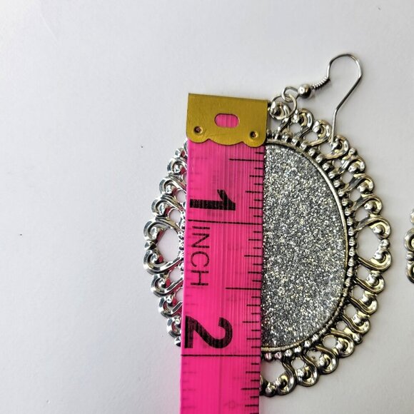 Silver Glitter Oval Earrings Gold Filigree Oval Earrings Large Glitter Earrings - Picture 5 of 5